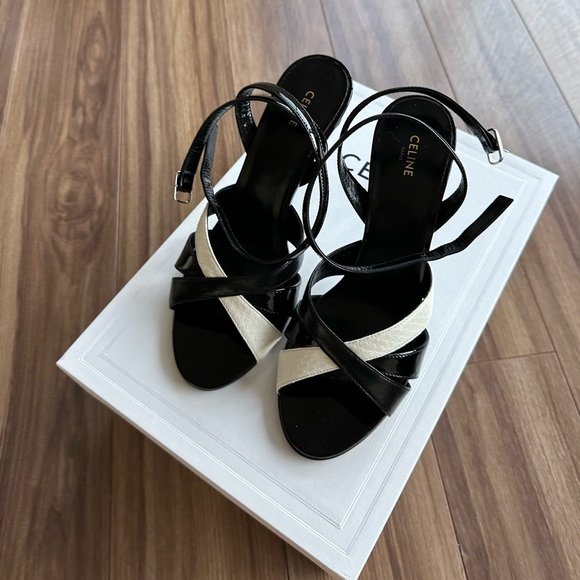 Celine Shoes - CELINE Sharp Sandal In Kidskin, Patent Calfskin, Elaphe 
color: black, white